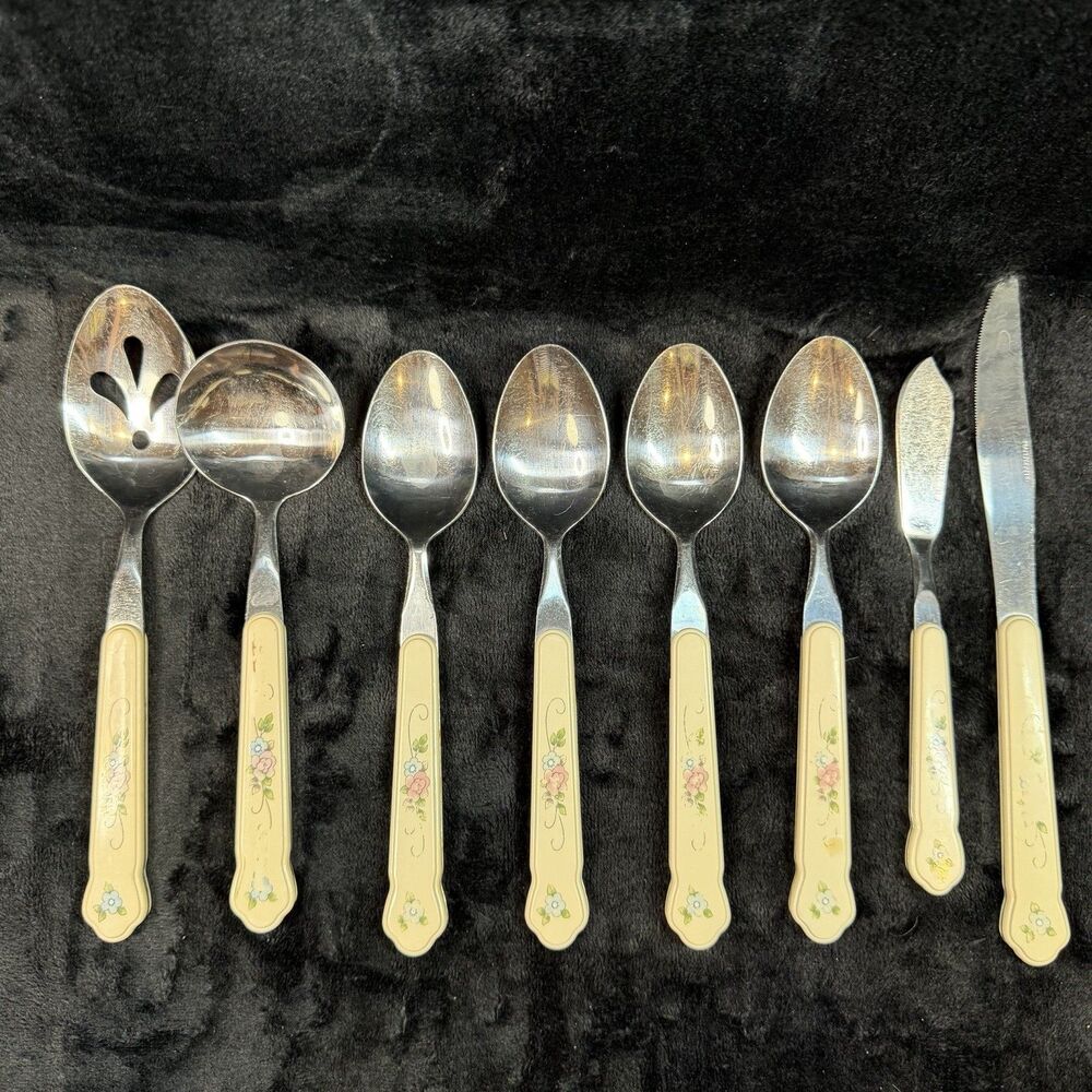 Pfaltzgraff Tea Rose Flatware 8 Piece Stainless Serving Pieces Country Vintage